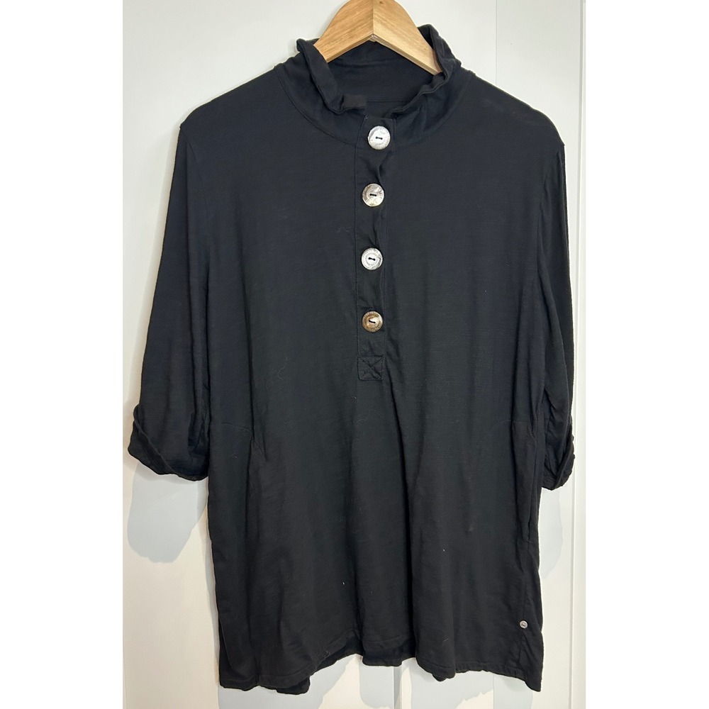 Neon Buddha Black Cotton Ruffle Mock Neck Henley Tunic Top 3/4 Roll Tab Sleeve S